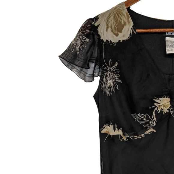 VTG 90s Floral Blouse Flutter Cap Sleeve 10  Sheer Overlay Whimsigoth Witchy Top - Picture 3 of 10